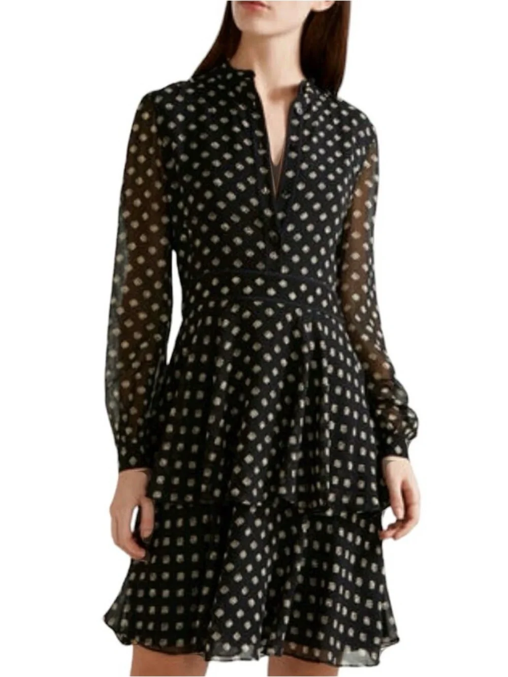 Tory Burch Black Long-Sleeve Tiered Dress with Cream Print